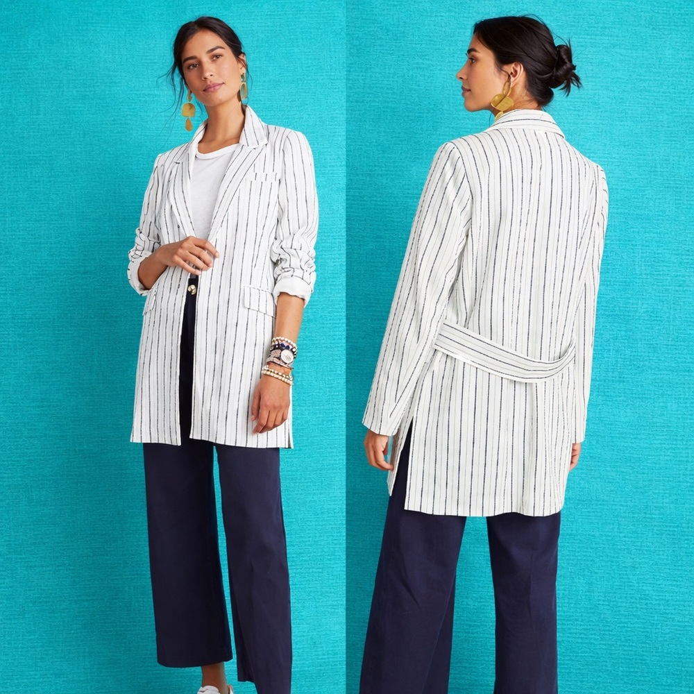ANTHROPOLOGIE LONGLINE THIN STRIPE OPEN FRONT BLAZER POCKETS SIZE SMALL NWT